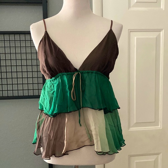 Anna Paul Y2K Silk Ruffled Layered Top Green Brown ombré Fairy Grunge M - Picture 2 of 5